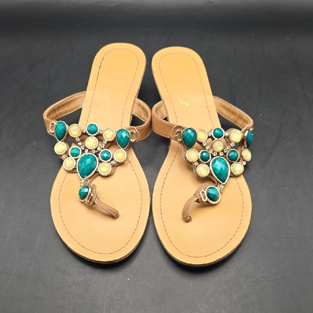 Madeline Stuart Tan Sandals with Teal and Gold Gem Accents